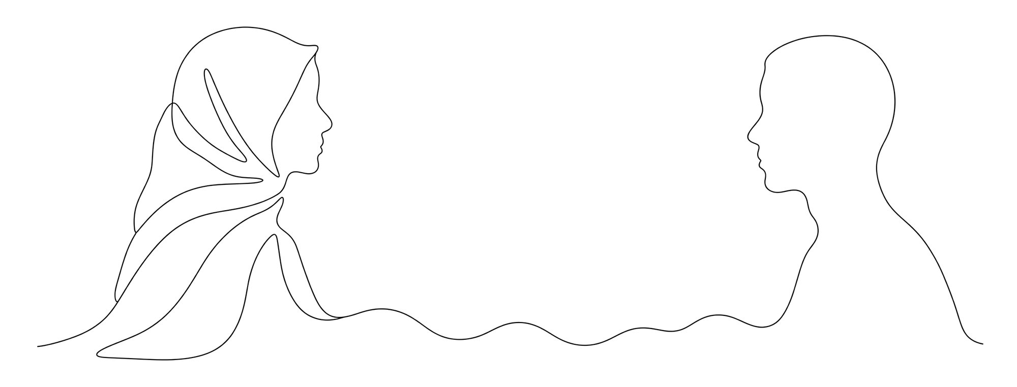 Lijntekening: twee profielen tegenover elkaar, links een vrouw met hoofddoek, rechts een onbedekte figuur, verbonden door één golvende lijn.