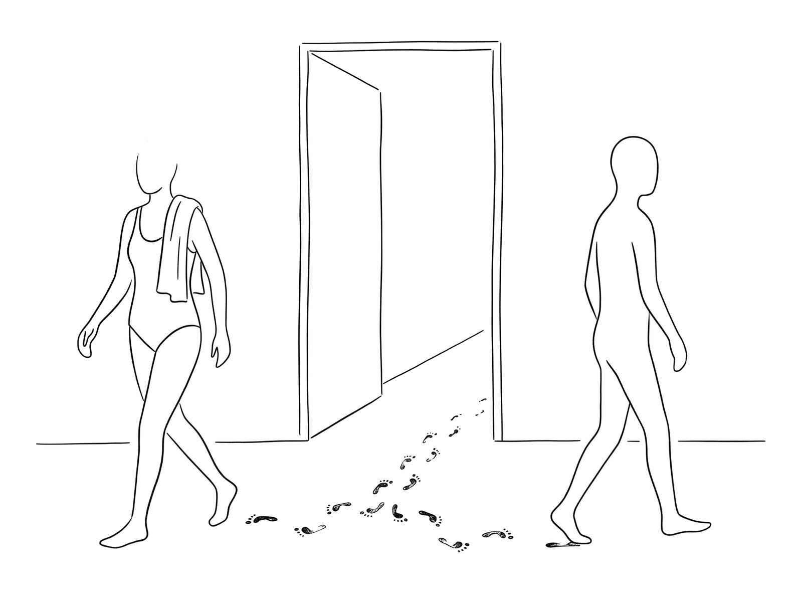 Lijntekening: bij een open deur lopen een figuur in badpak met handdoek en een onbedekte figuur langs elkaar; hun natte voetsporen kruisen elkaar.
