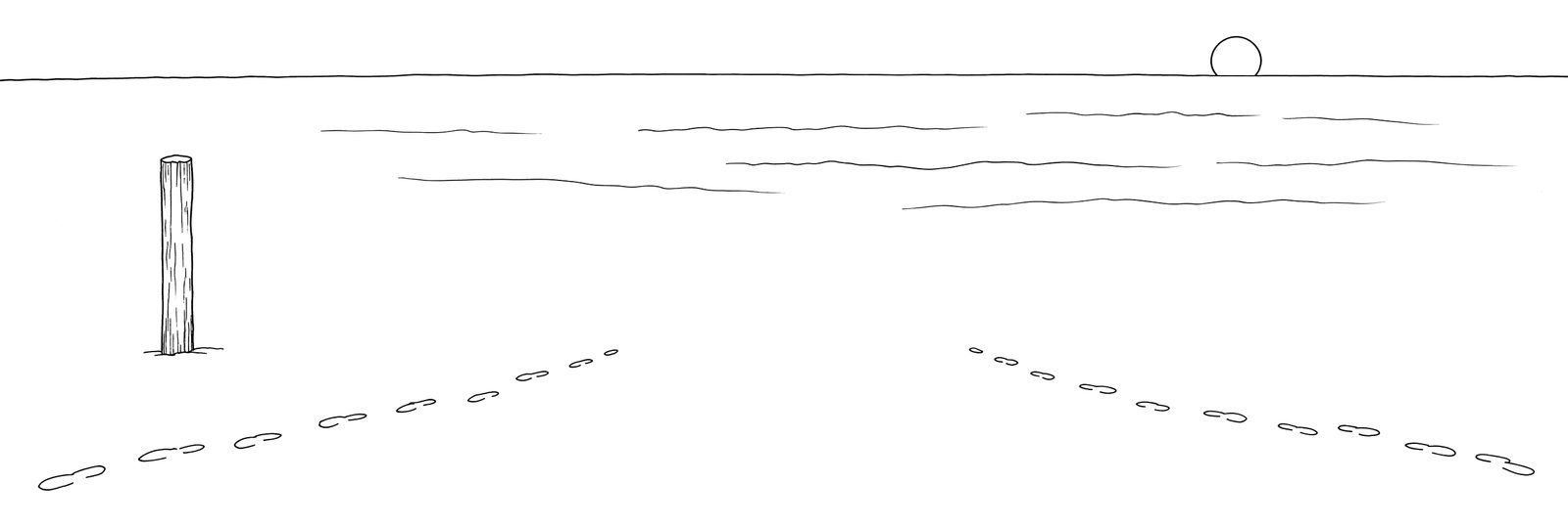 Lijntekening: een leeg strand bij zonsopgang, een eenzame strandpaal en twee sporen voetstappen die van tegengestelde kanten komen.