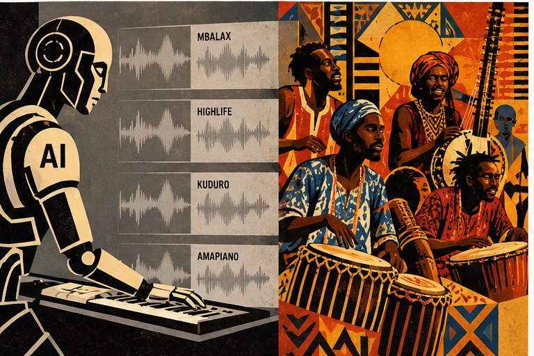 A robot at a keyboard turning mbalax, highlife, kuduro and amapiano into identical waveforms