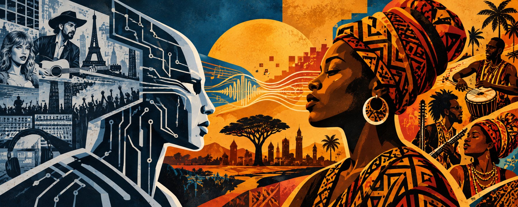 Illustration: an AI profile built from Western imagery faces a West African woman, with musicians, a baobab and a city skyline between them.