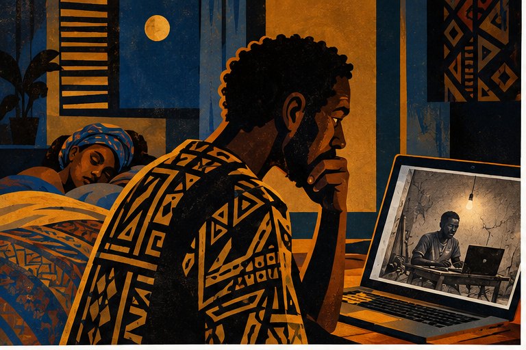 Late at night, a man looks at a laptop showing an AI-generated poverty-cliché image while his wife sleeps