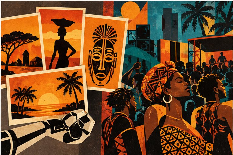 A robotic hand holding sunset and mask postcards next to a crowded, colorful African club night