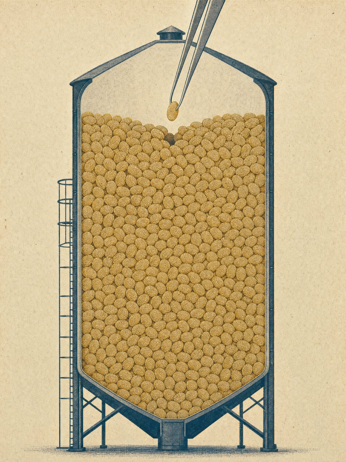 Illustration: cross-section of a tall grain silo filled with thousands of identical grains, each marked with a fingerprint. A pair of tweezers lifts a single grain from the top.