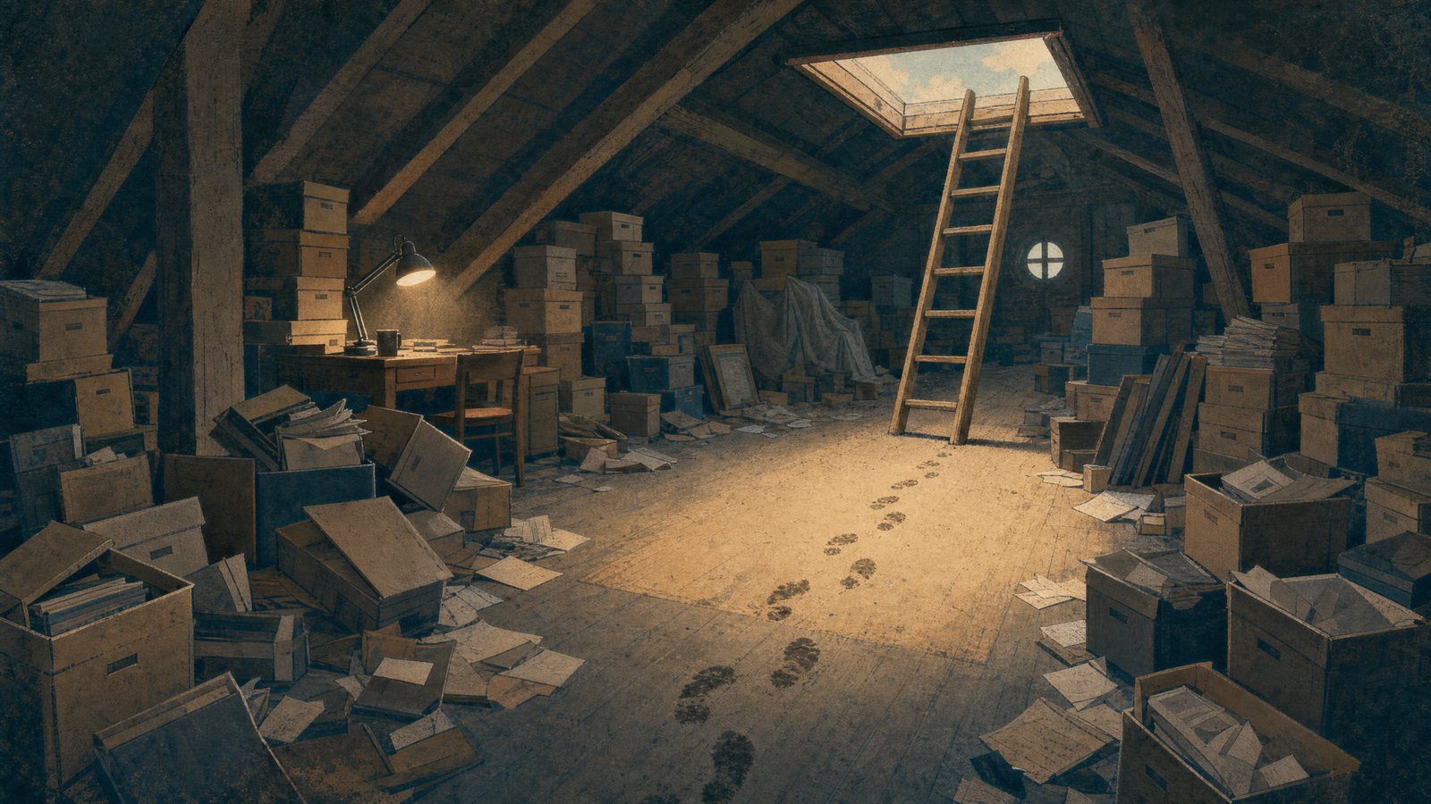 Illustration: a dusty attic crammed with archive boxes, many tipped over and spilling papers. A desk lamp is still on, the hatch above is open with a ladder leaning against it, and footprints lead through the dust.