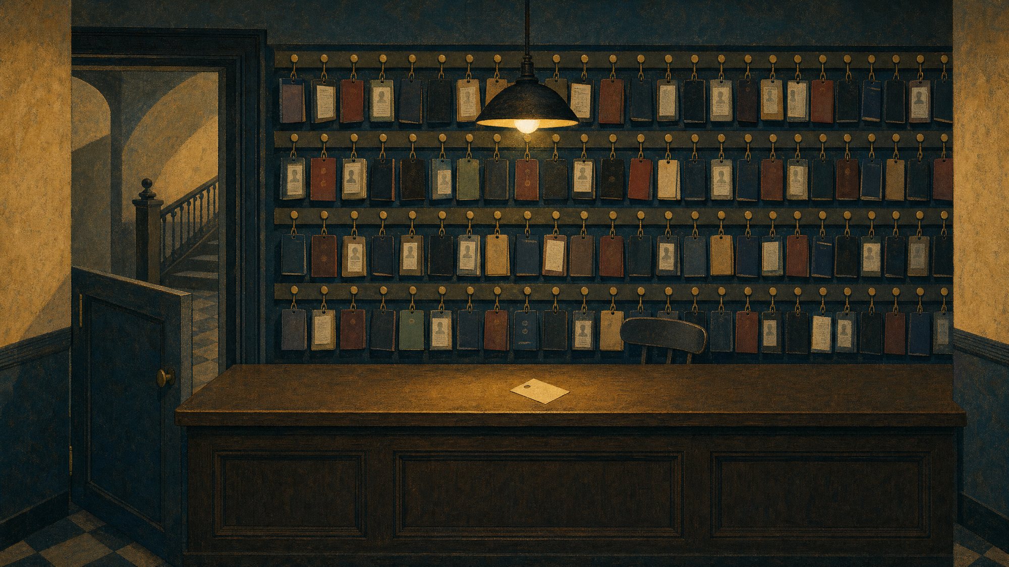 Illustration: an empty cloakroom counter under a single lamp. Behind it, instead of coats, rows of passports and ID cards hang on numbered hooks. The half-door is open; one cloakroom ticket lies on the counter.