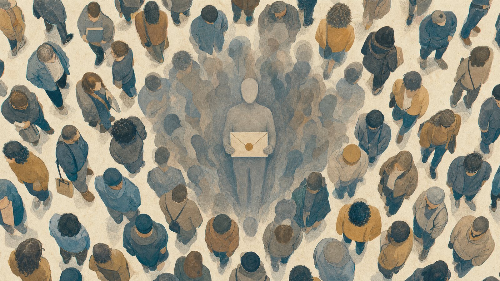 Illustration seen from above: a crowd of distinct people whose outlines blur toward the centre into one grey, faceless figure holding a sealed official envelope.